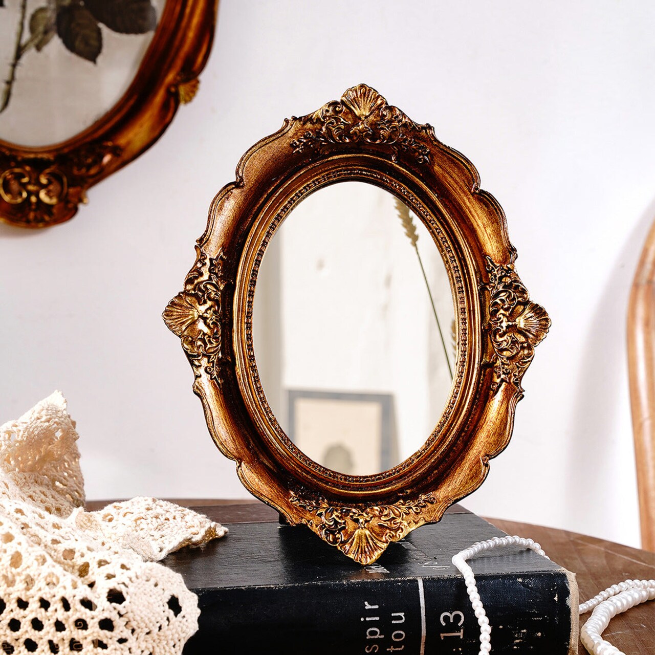 Oval Tabletop Mirror Antique Gold Baroque Decorative Vanity 7.99x9.72